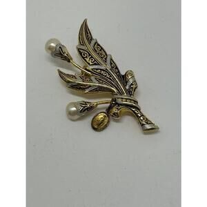 Vintage Damascene & Pearl Broach with Religious Saint Pendant Drop Catholic